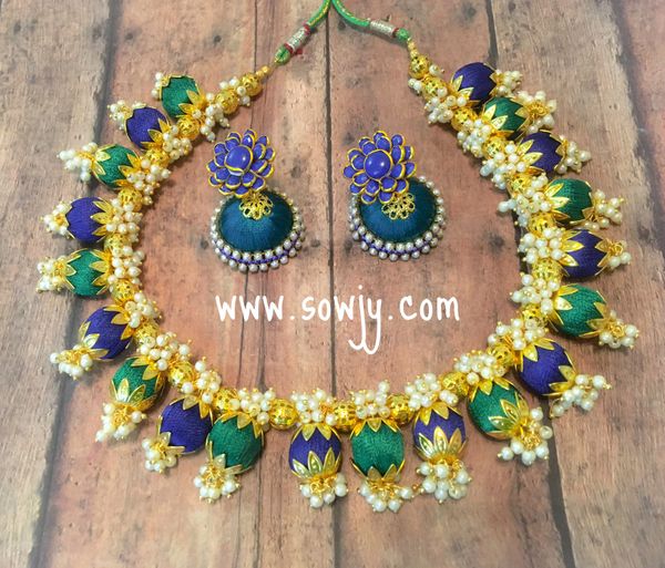 Silk Thread Choker Set in Dark Blue and Dark Green Shades with Jhumkas!!!!!