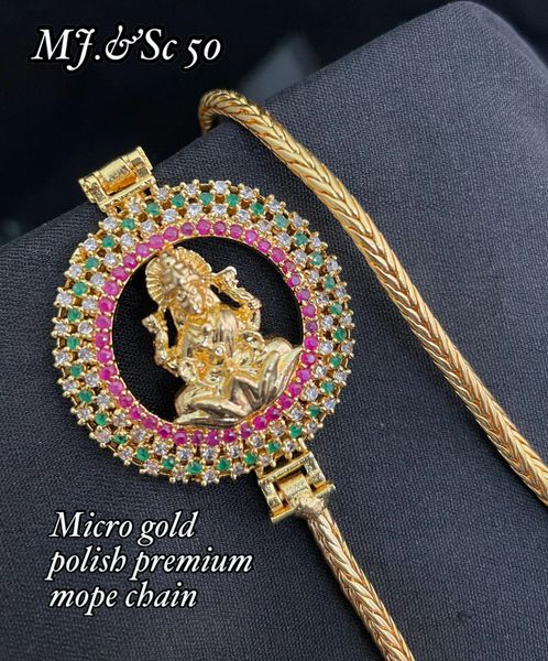 Lakshmi Side Mogappu Pendant in Micro-Gold Polish Chain- Ruby ,Emerald and White!!!!