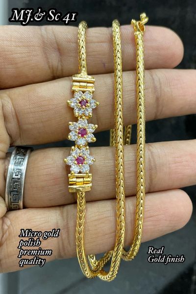 Flower Design Side Mogappu Pendant in Micro-Gold Polish Chain- White and Ruby!!!!