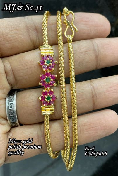 Flower Design Side Mogappu Pendant in Micro-Gold Polish Chain- Ruby and Emerald!!!!