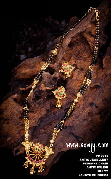 Gold Finish Pendant and Earrings in Designer Black Mangalsutra Long Chain-Design1!!!!