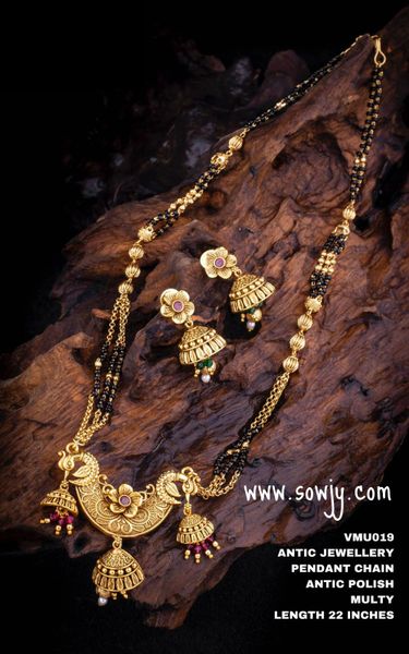 Gold Finish Pendant and Earrings in Designer Black Mangalsutra Long Chain-Design2!!!!