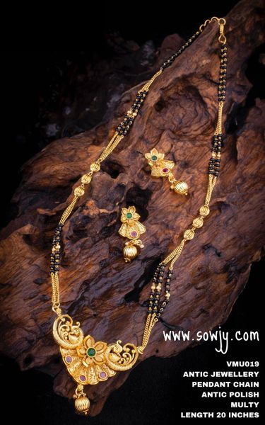 Gold Finish Pendant and Earrings in Designer Black Mangalsutra Long Chain-Design3!!!!