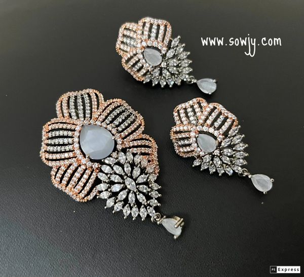 Victorian Finish with Rose Gold Polish Floral Pendant Set with Earrings- Grey Stone!!!