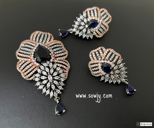 Victorian Finish with Rose Gold Polish Floral Pendant Set with Earrings- Navy Blue Stone!!!