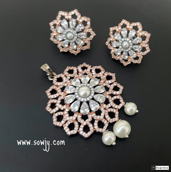 Sunflower Design Vistorian Finish and Rose Gold Polish Pendant Set with Earrings- White!!!