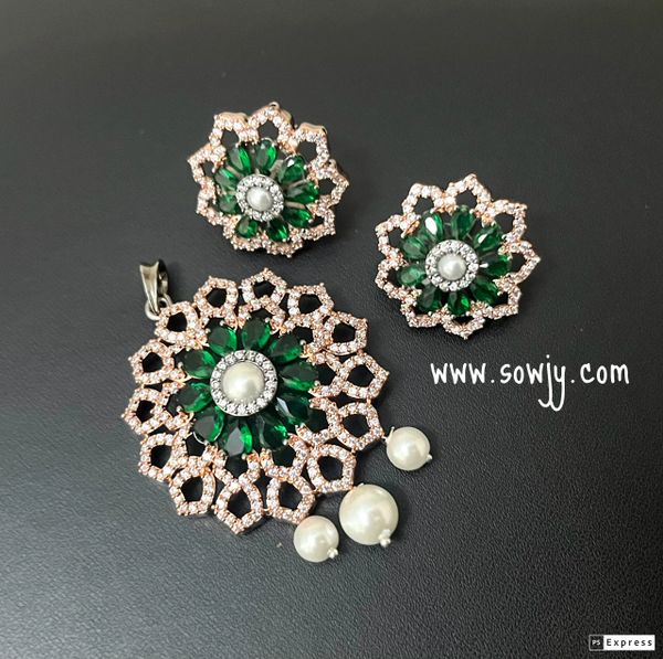 Sunflower Design Victorian Finish and Rose Gold Polish Pendant Set with Earrings-Green!!!