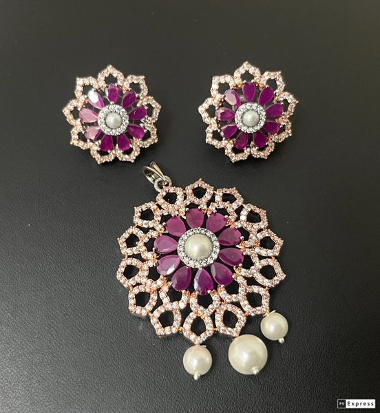 Sunflower Design Victorian Finish and Rose Gold Polish Pendant Set with Earrings-Ruby!!!