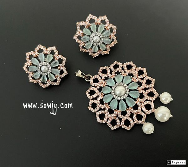Sunflower Design Victorian Finish and Rose Gold Polish Pendant Set with Earrings-Mint Green!!!