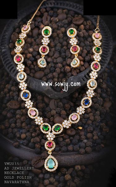 Simple and Elegant Gold Replica Design Necklace with Earrings- Gold Finish with CZ Stones-Multi-Pastel Colors!!!