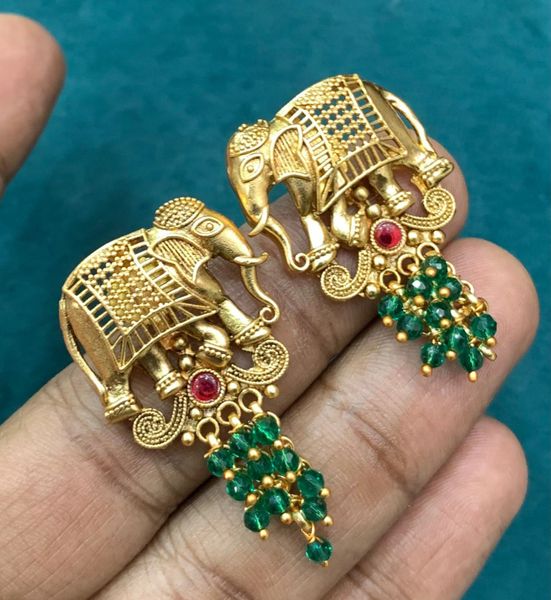 Elephant Design Gold Finish Earrings -Green Color!!!