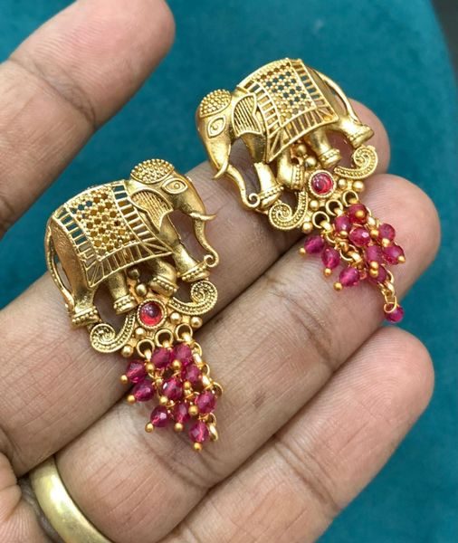Elephant Design Gold Finish Earrings -Red Color!!!