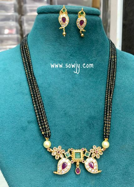 Paisley Design Black Beads Mangalsutra Short Chain Set with Earrings-Emerald, Ruby and White!!!