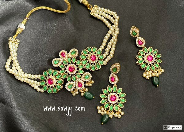 Flower Design Kundan and CZ Stones Pearl Choker Set with Long Floral Earrings- Green and Pink!!!!