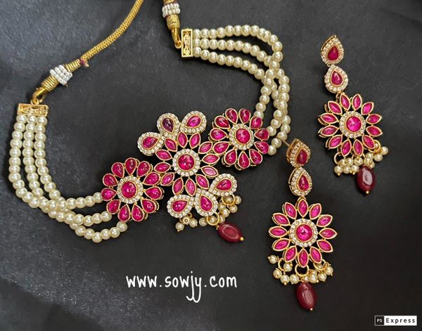 Flower Design Kundan and CZ Stones Pearl Choker Set with Long Floral Earrings- Pink!!!!