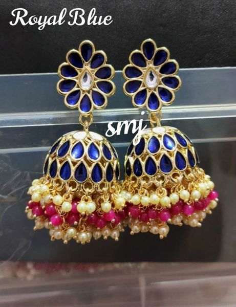 Long Beautiful Meenkarai Pattern Jhumkas with Double Layer Ghungroos- Royal Blue!!!