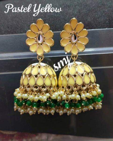 Long Beautiful Meenkarai Pattern Jhumkas with Double Layer Ghungroos- Pastel yellow!!!