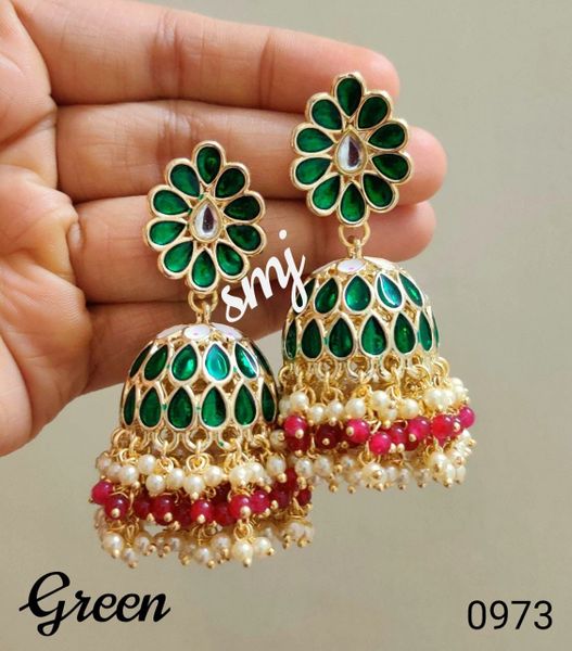 Long Beautiful Meenkarai Pattern Jhumkas with Double Layer Ghungroos- Dark Green!!!