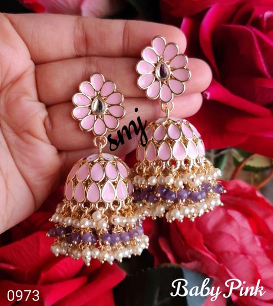 Long Beautiful Meenkarai Pattern Jhumkas with Double Layer Ghungroos- Baby Pink!!!