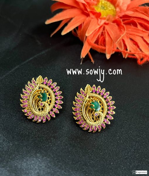 Beautiful Peacock Feather Pattern Gold Finish Earrings- Ruby and Emerald!!!
