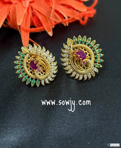Beautiful Peacock Feather Pattern Gold Finish Earrings- White AD Stones,Emerald and Ruby!!!