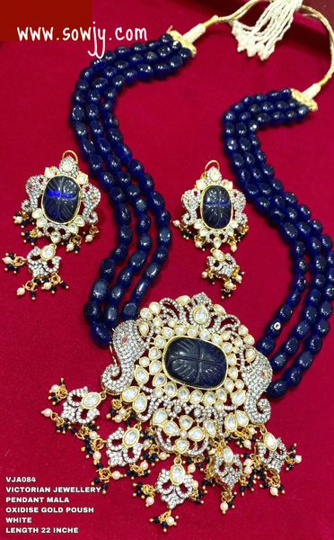 Very Big Size Victorian Finish Elephant Pendant In Three Layer Cylinder Agate Beads with Earrings- NAVY BLUE!!!