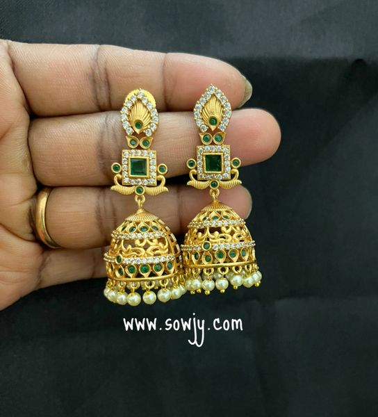 Simple and Elegant Long Jhumkas in Gold- Green Stones!!!