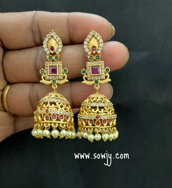 Simple and Elegant Long Jhumkas in Gold- Red and Green Stones!!!