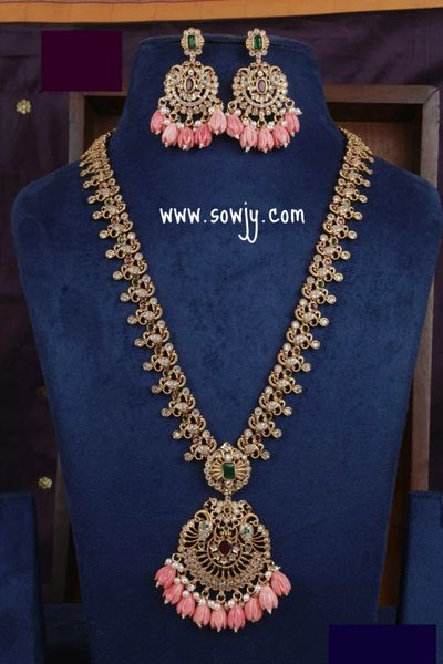 Lovely Peacock Design Gold Finish Pendant Long Haaram with Tulip Coral Hanging Beads and Matching Earrings!!!