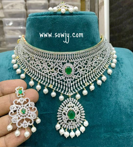 Very Grand Diamond Look Designer Rani Choker Set with Big Light Weighted Earrings- Green Stones!!!!