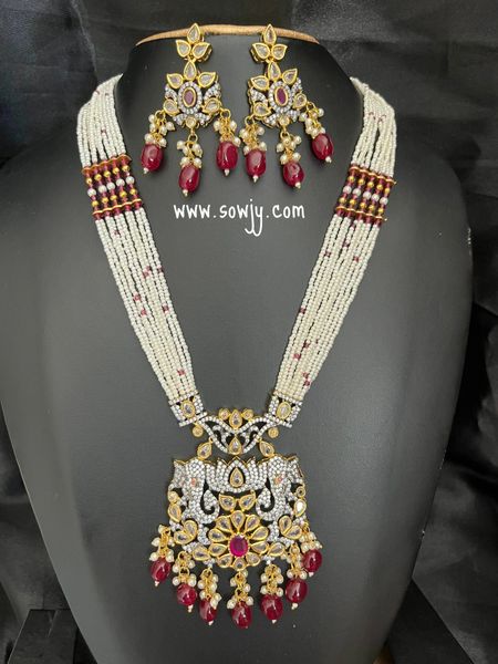 Two Tone AD Stone Elephant Face Big Pendant Long Premium Quality Pearl Seed Beads Designer Maala with Earrings-RED!!!!