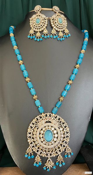 Grand Very Big Size Gold Finish Floral Peacock Pendant with Full ADStones in Blue Tube Shaped Monalisa Beads Long Necklace with Big Earrings!!!!