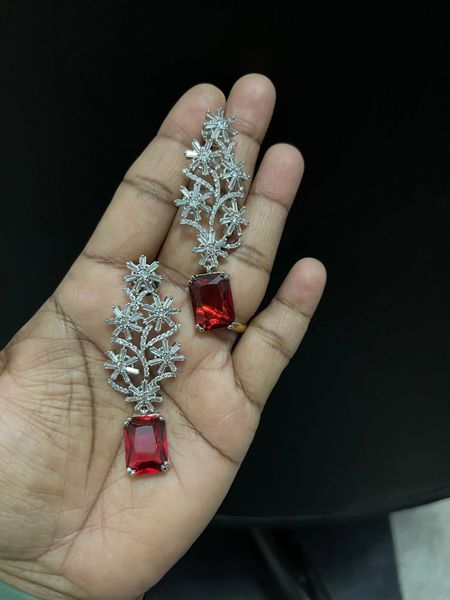 Silver Finish AD Stone Long Earrings with Doublet Stone-RED!!!!