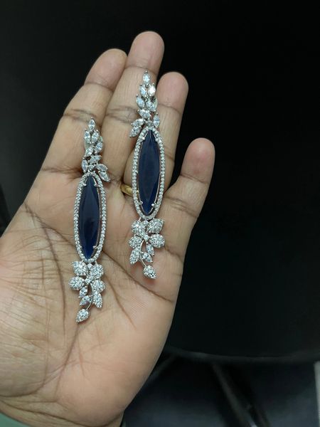 Blue Doublet Stone Long AD Stone Silver Finish Earrings!!!!