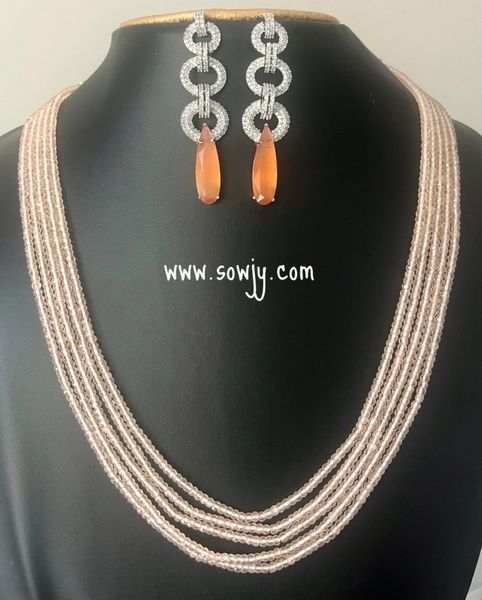 Peach/Orange Color 5 Layer Hydro Beads Premium Quality Long Chain with Long Silver Finished Earrings!!!