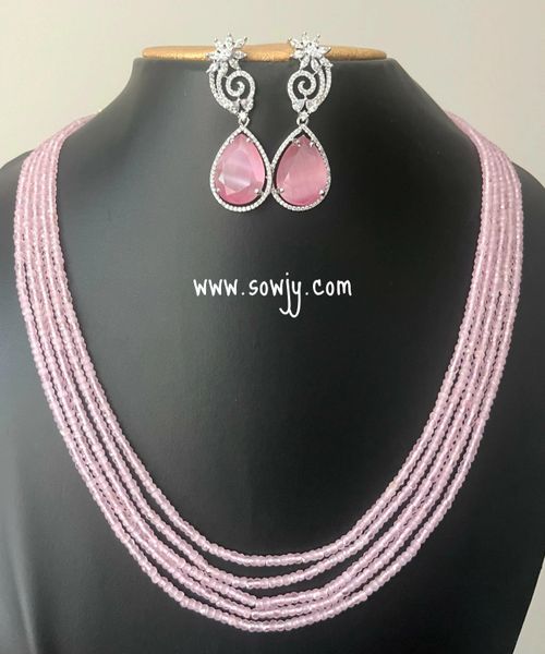 Pastel Pink Color 5 Layer Hydro Beads Premium Quality Long Chain with Long Silver Finished Earrings!!!