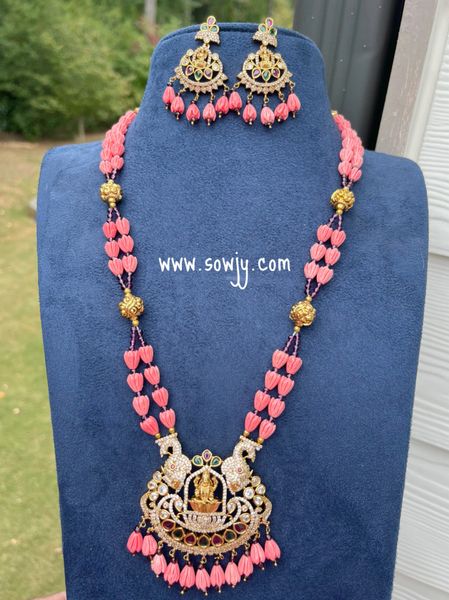 Beautiful Lakshmi Pendant with AD and Kemp Stones in Coral Tulip Beads Long Maala with Earrings!!!