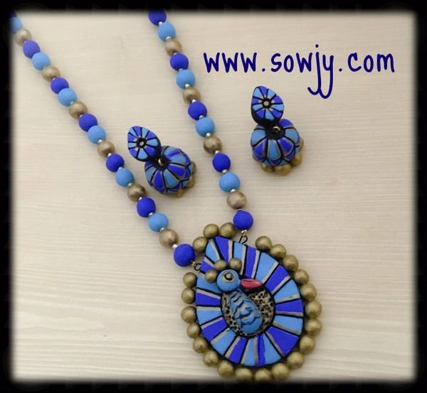 Tear Drop Peacock pendant Set with Medium Sized Jhumkas in Shades of Blue!!!