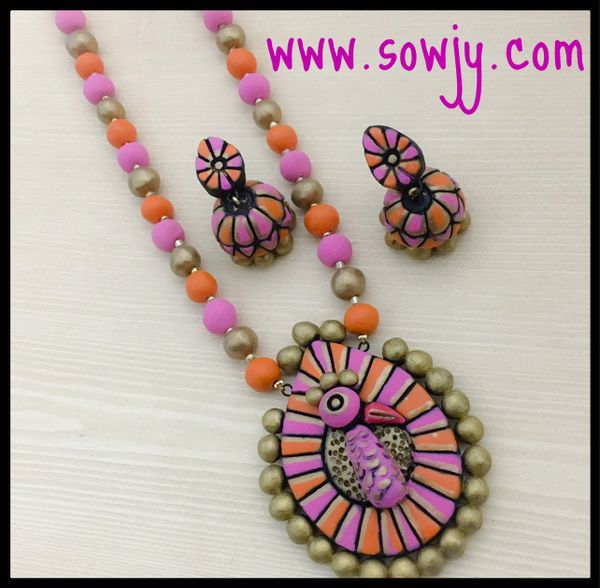 Tear Drop Peacock pendant Set with Medium Sized Jhumkas in Shades of Pink and Orange!!!!