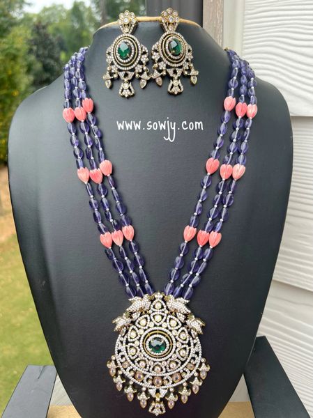 Lovely Twin Birds Victorian Finish Big Pendant in Three Layer of Purple and Coral Tulip Flower Beads Long Necklace with Big Earrings!!!!