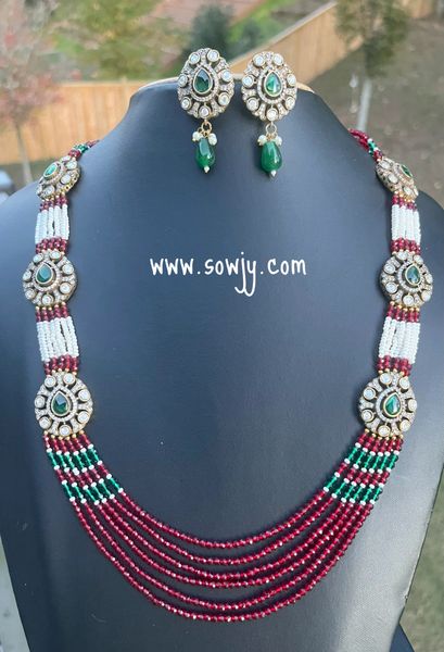 Triple Side Victorian Finish Pendant Layered CZ Beads Long Haaram with Big Earrings-Deep Red Color!!!!