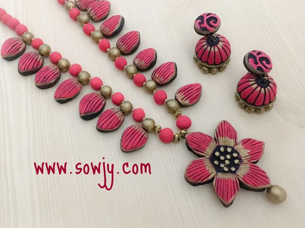 Long Floral Haaram Terracotta Set in Red and Gold with Large Sized Jhumkas!!!!