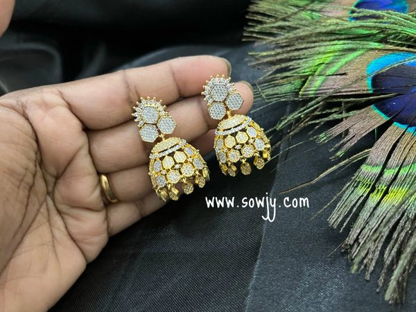 Honey Combo Pattern Gold and White Gold Combo Jhumkas with Design Hangings!!!