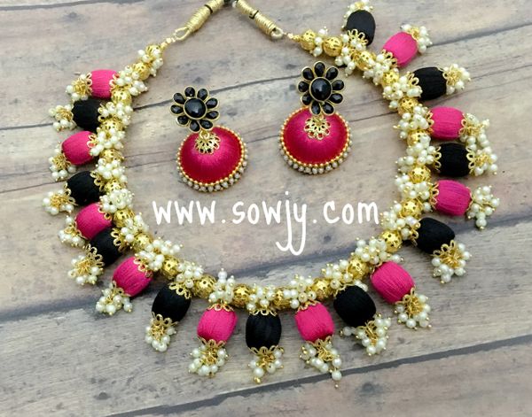 HandmadeSilk Thread Choker Set with medium Sized Jhumkas In Pink and Black!!!