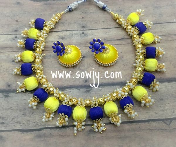 HandmadeSilk Thread Choker Set with medium Sized Jhumkas In Yellow and Blue!!!