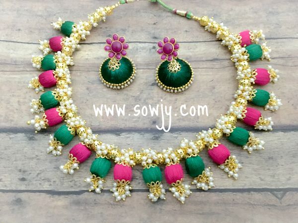 HandmadeSilk Thread Choker Set with medium Sized Jhumkas In Pink and Green!!!!