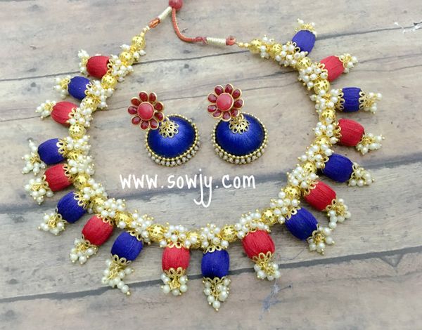 HandmadeSilk Thread Choker Set with medium Sized Jhumkas In Red and Blue!!!!