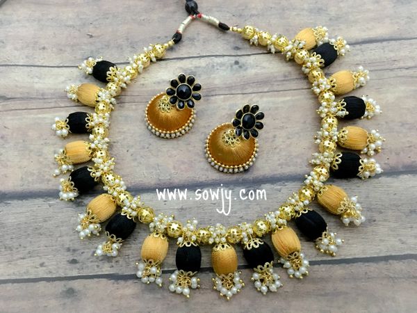 HandmadeSilk Thread Choker Set with medium Sized Jhumkas In Gold and Black!!!!