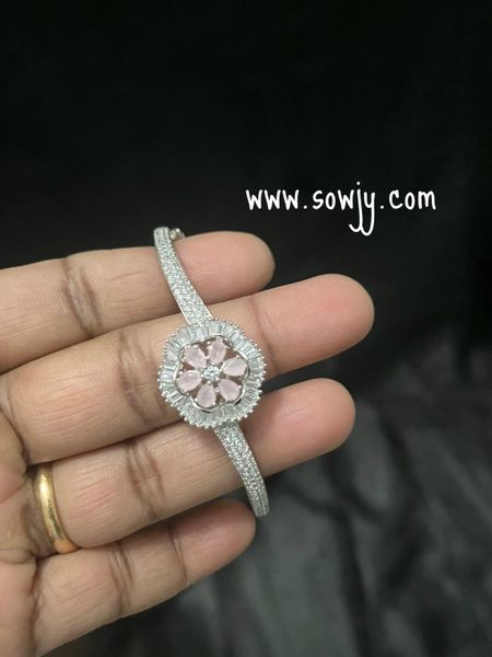 Silver Finish Floral Pattern Open Type Single Bangle-Pastel Pink Stone!!!