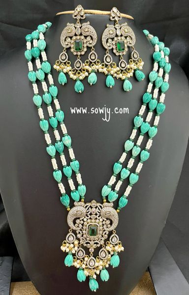 Victorian Finish Grand Pendant with AD Stones in Three Layer Sea Green Tulip Beads Three Layer Long Haaram with Earrings!!!